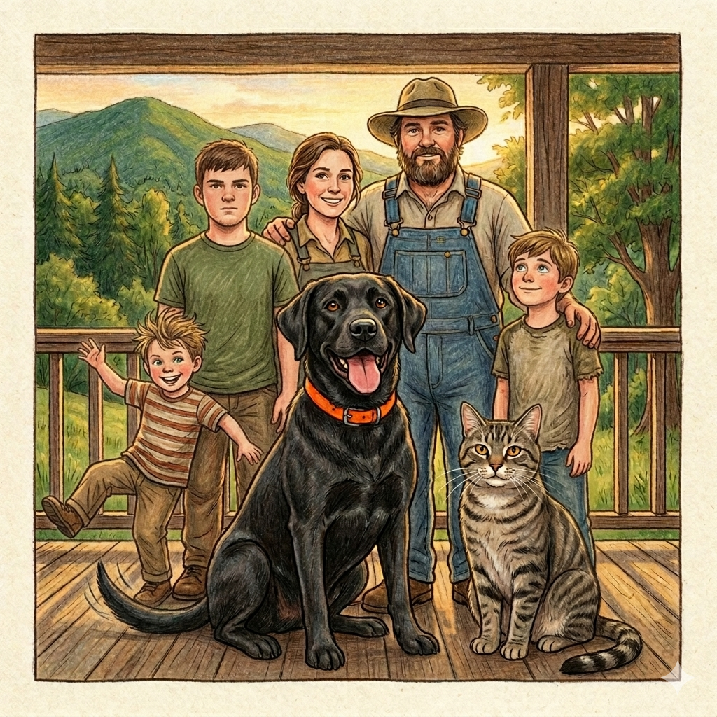 The whole family — Dad, Mom, the three boys, Gunner, and Tiger on the Virginia porch