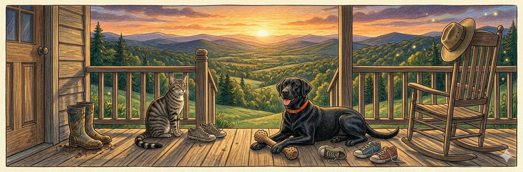 Gunner the black lab and Tiger the tabby cat relaxing on the farmhouse porch at sunset with Virginia mountains in the background