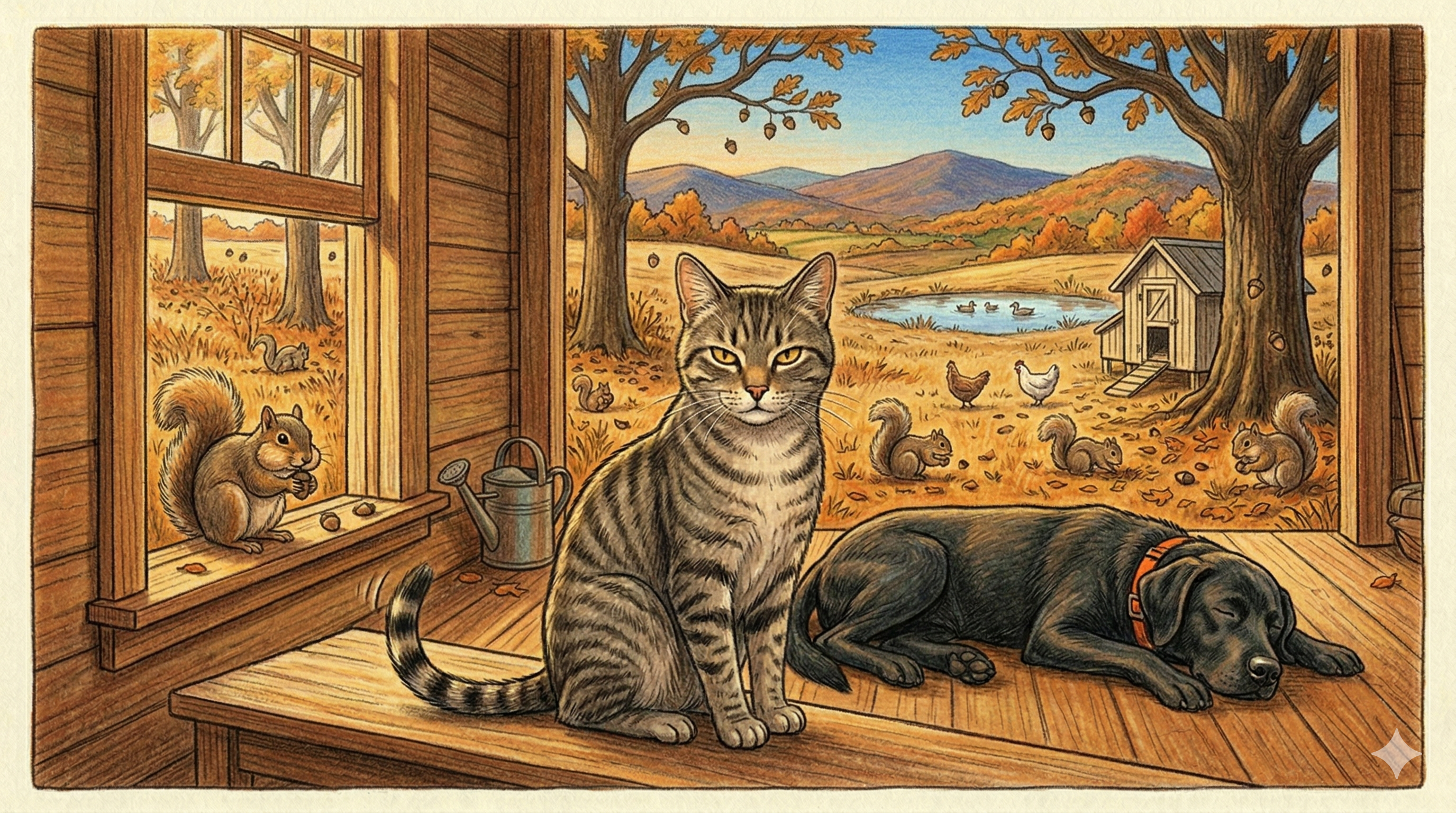 Tiger watches the squirrels from the porch while Gunner sleeps — Virginia autumn, acorns everywhere