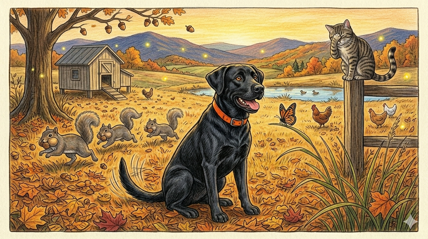 Gunner distracted by a butterfly while squirrels run free — Tiger watches from the fence post