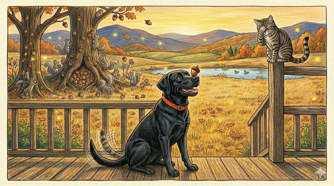 Gunner on the porch with an acorn balanced on his nose, Tiger glaring from the railing, squirrels celebrating in the oak tree