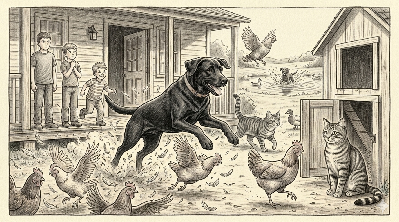 Gunner charges into the chicken yard — boys watching from the porch, chickens scattering, Tiger calm by the coop