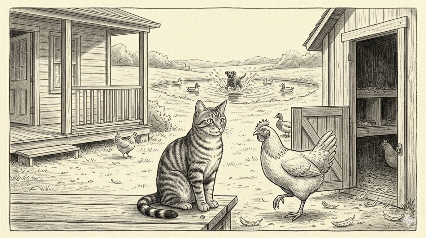 Tiger sits by the coop door with quiet authority while Gunner splashes in the pond with the ducks