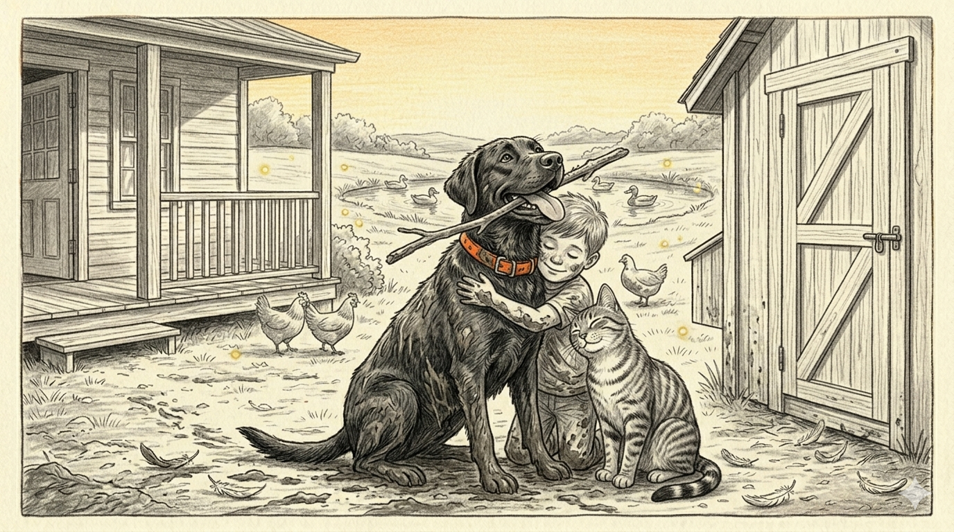 The youngest boy hugs Gunner while Tiger leans in — stick in mouth, chickens settled, golden evening light