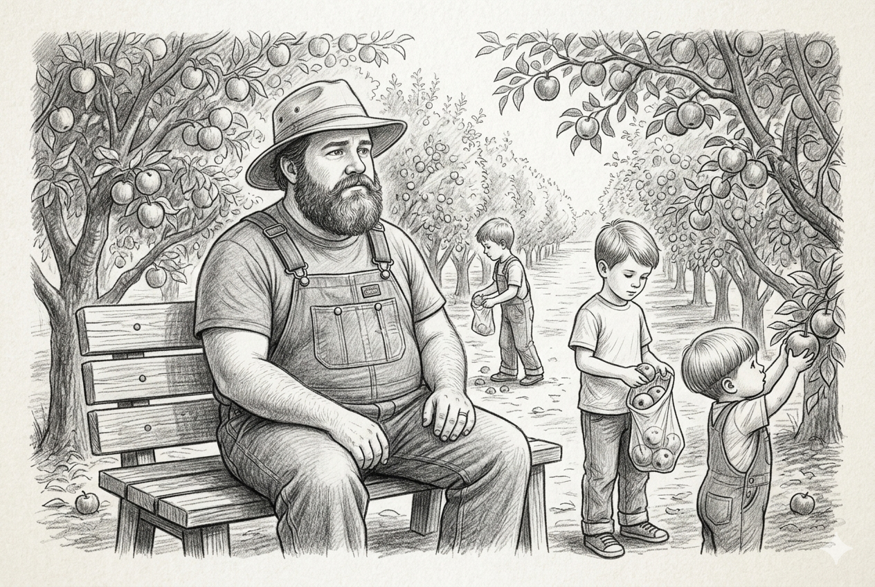 Dad sits on a bench in the apple orchard, watching his three boys pick apples — the pull in his chest finally too strong to ignore