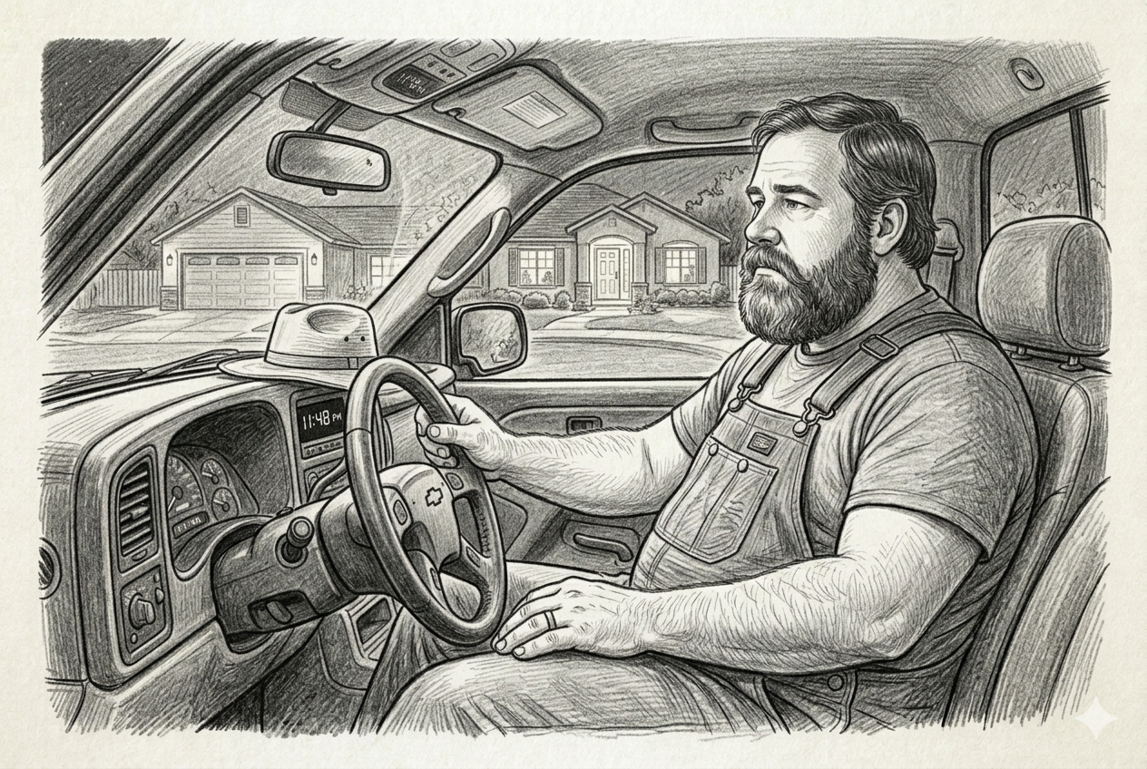 Dad sits in the parked truck, engine off, staring at the steering wheel — the two-hour commute that finally broke something