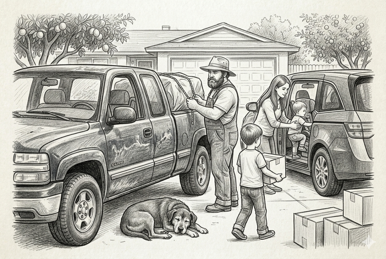 Both vehicles loaded in the Phoenix driveway — Bear in the truck cab, the boys strapped in the minivan, the house behind them for the last time