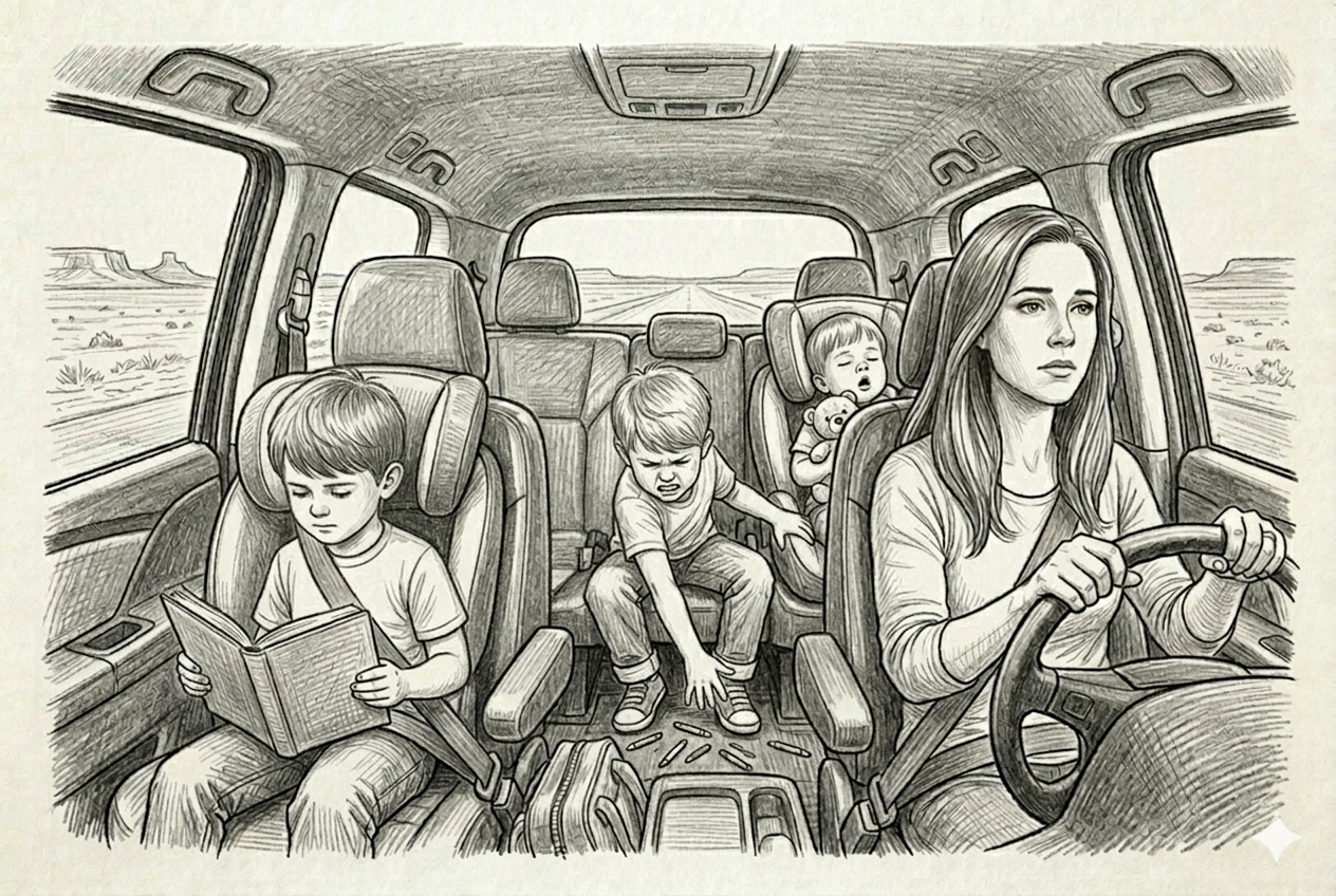 The middle boy reaching behind his seat for scattered crayons, the youngest asleep in his car seat, the oldest reading calmly in the back — hour four in full chaos