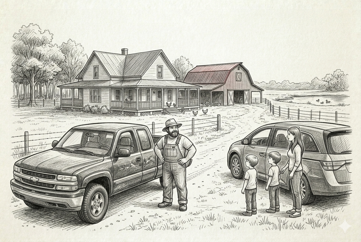 Dad stands by his truck as the family steps out of the minivan at the East Texas homestead for the very first time