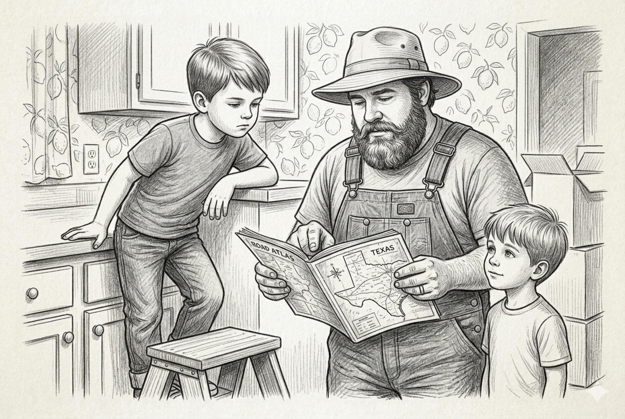 Dad reads a road atlas open to Texas at the kitchen table — two boys watching over his shoulder as the plan takes shape