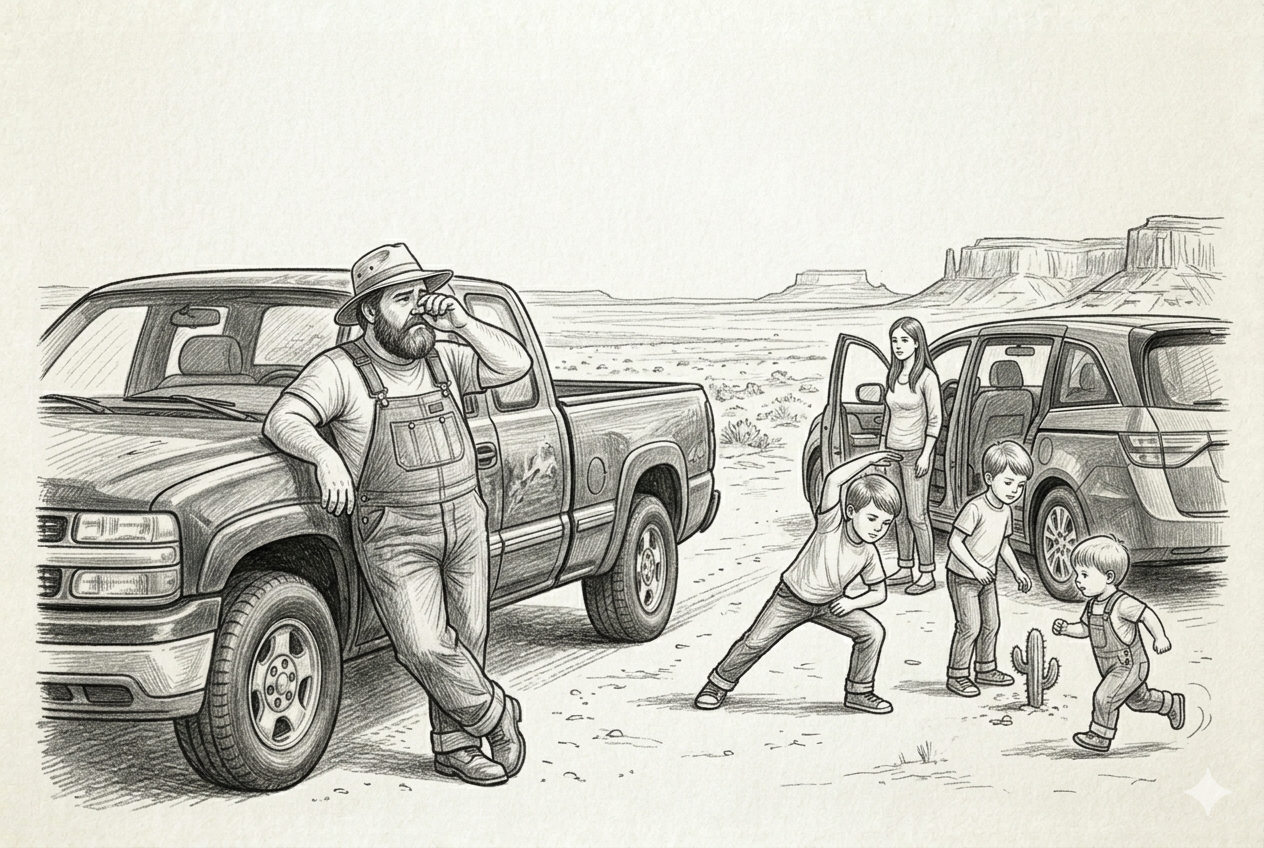 Dad leans against the truck on the phone in the West Texas desert while Mom and the boys stretch their legs at the minivan — time to switch