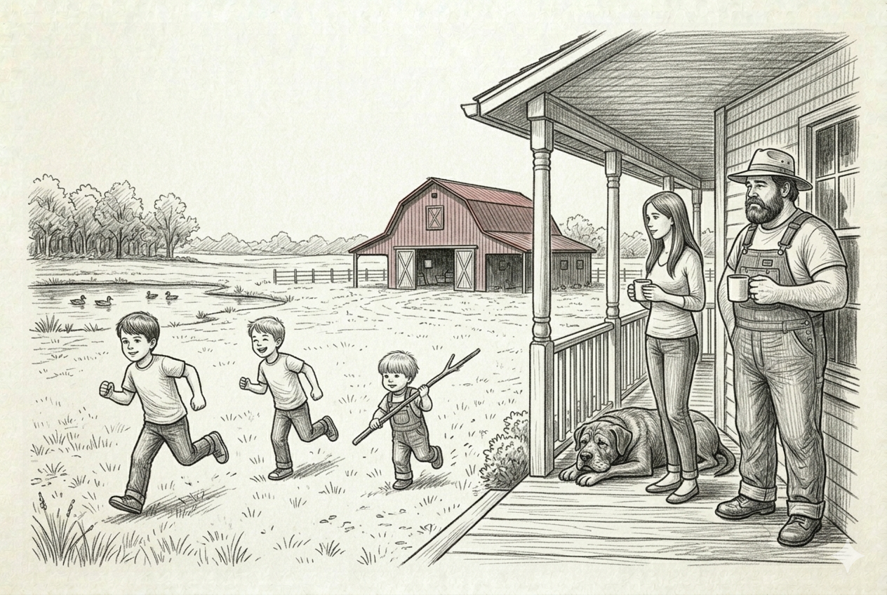Mom and Dad on the back porch with coffee, Bear between them watching with one eye — three tiny boys already disappearing into fifteen acres of East Texas morning