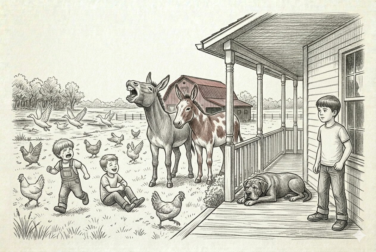 Mr. Snickers mid-bray — chickens exploding in all directions, ducks lifting off the pond, the youngest in tears, the middle boy laughing in the grass, Bear on the porch unmoved