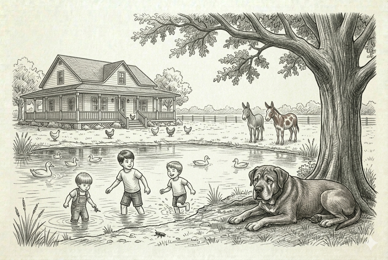 Bear lying in the shade of the oak tree by the pond, one eye open — chickens on the porch, donkeys in the pasture, three boys wading in the shallows
