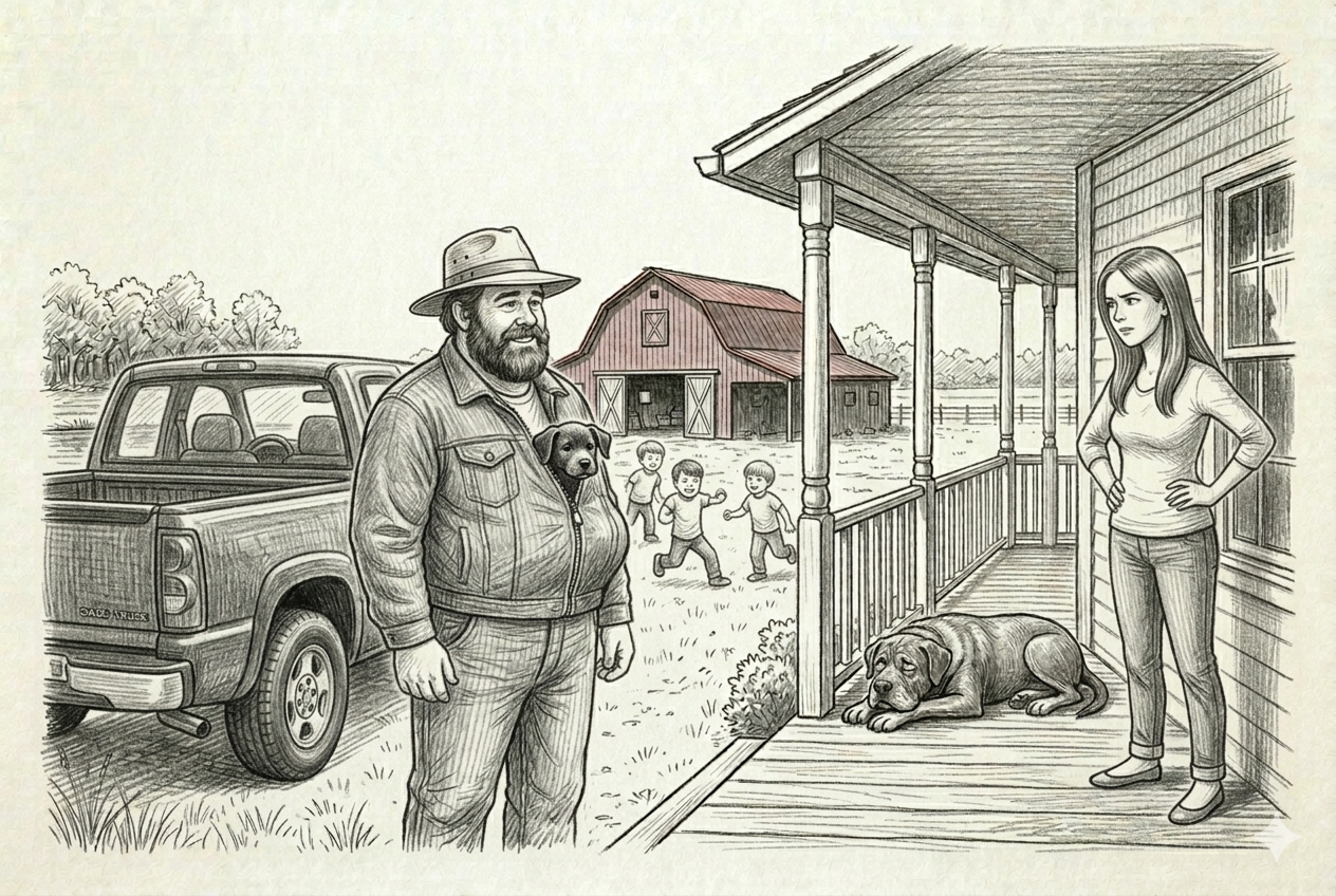 Dad stands by his truck in the long dirt driveway, denim jacket suspiciously lumpy, Mom on the porch with hands on hips — the boys haven't noticed yet