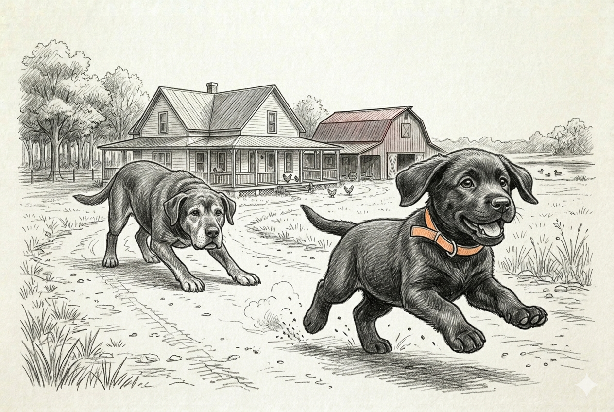 Bear and Gunner at the East Texas homestead — the old dog and the new puppy figuring each other out in the yard