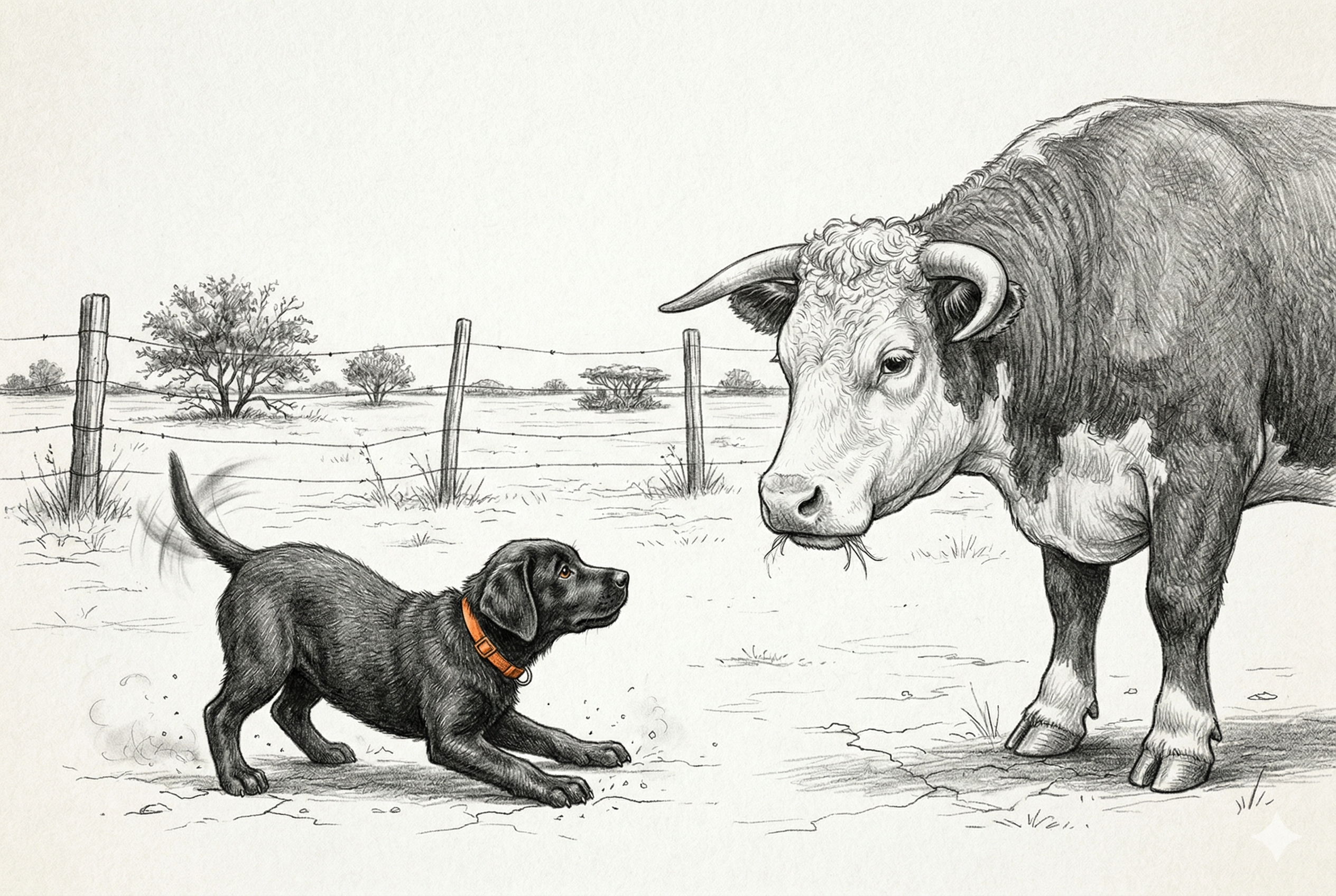 Gunner in a play bow at Big Donna's feet — twelve hundred pounds of Hereford indifference staring down at a puppy who is absolutely certain this is going well