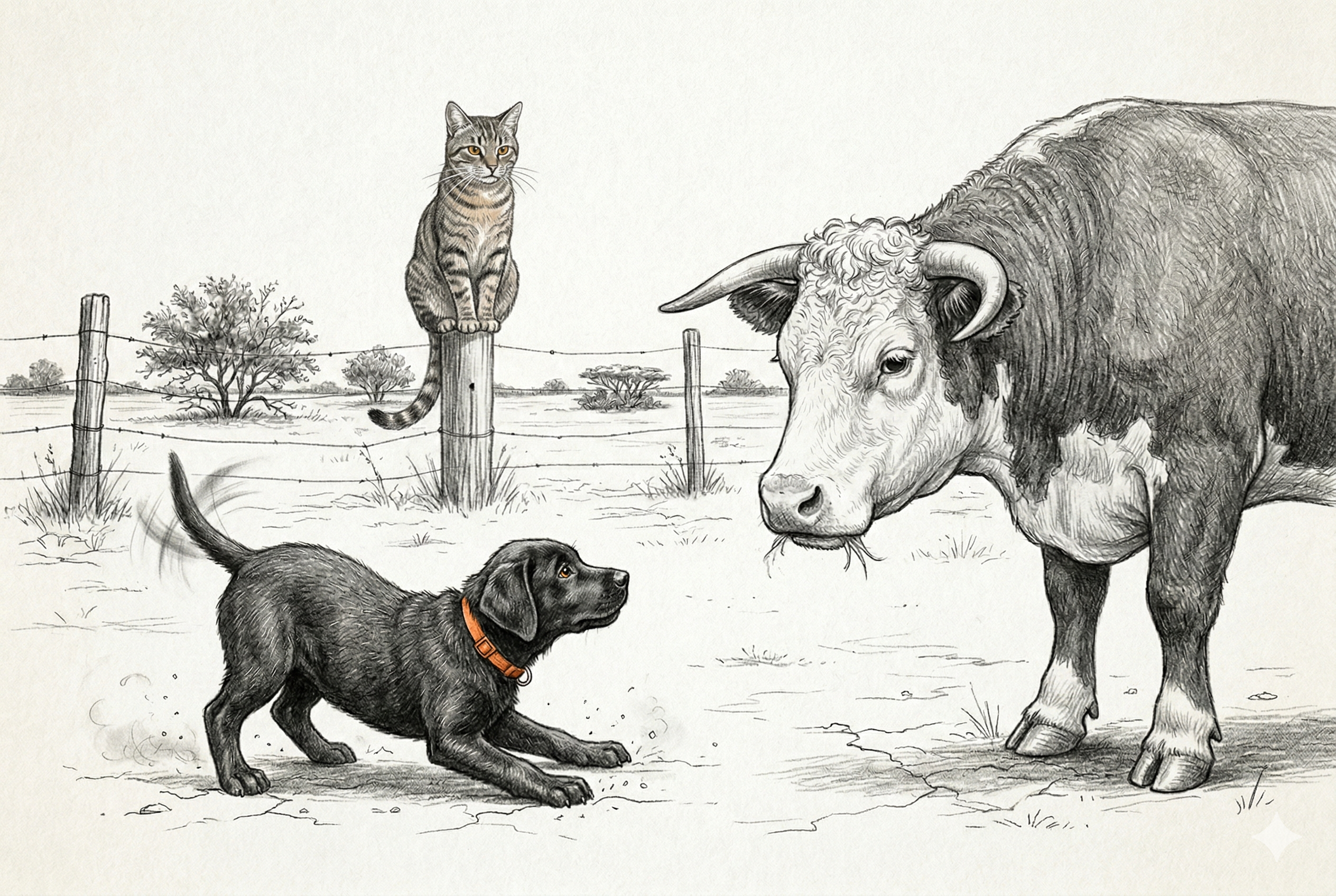 Tiger on the fence post, narrating to no one — puppy below, cow overhead, and something like contempt in those golden amber eyes