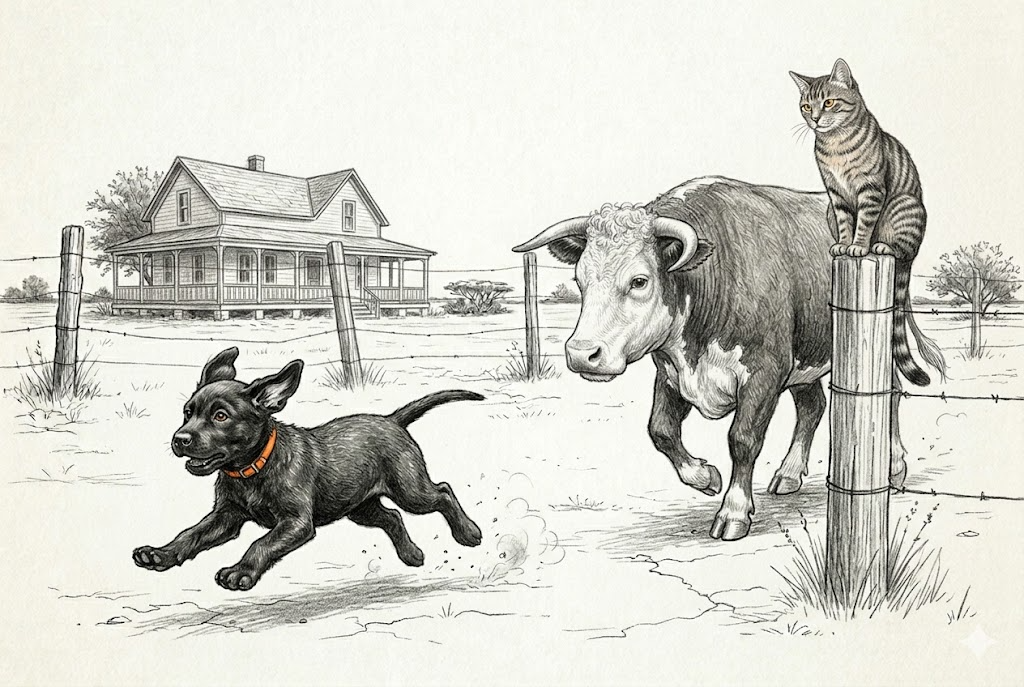 Gunner in full retreat — ears flying, paws scrambling, a cow in unhurried pursuit behind him, and Tiger watching from the fence post with professional detachment
