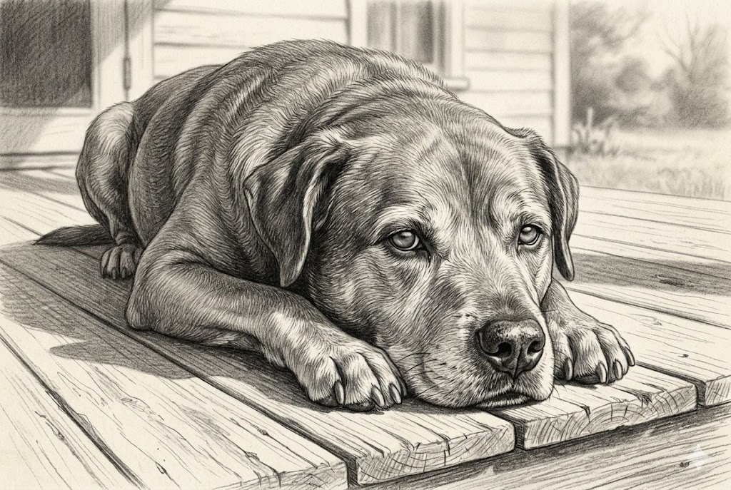 Bear on the porch — gray-muzzled, heavy-lidded, the permanent scowl of a dog who has earned every opinion he holds