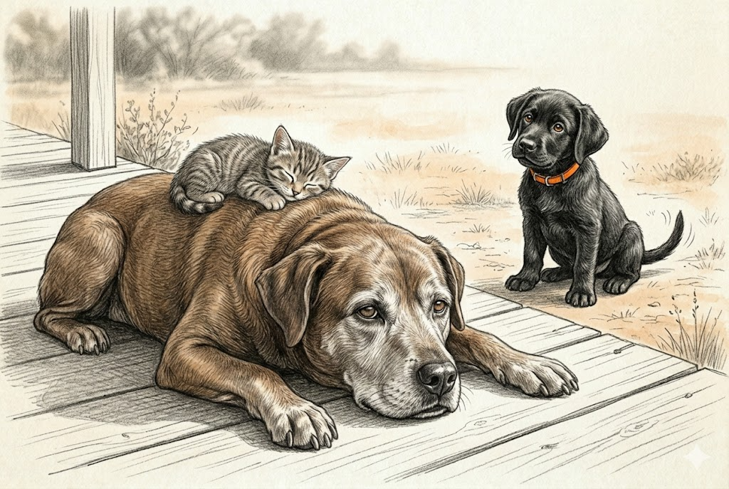 The kitten asleep on Bear's broad back — Bear awake, looking off to the side with his permanent scowl, not moving. Gunner watching from a few feet away, head tilted, baffled