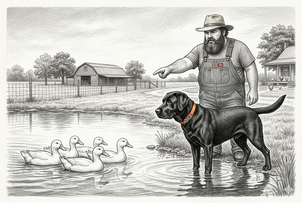 Dad pointing at the ducks, Gunner at the pond's edge receiving the mission briefing — the ducks floating in smug formation, completely unimpressed
