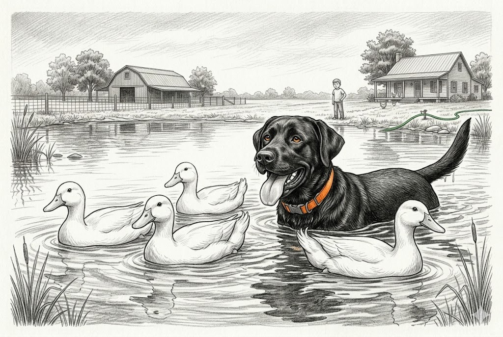 Gunner swimming laps with six white ducks in formation behind him — the mission reinterpreted, the assignment entirely forgotten