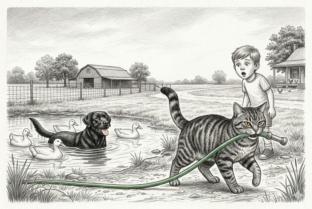 Tiger hauling the garden hose across the yard in his teeth — determined, dry, and entirely correct about the outcome — while Gunner swims on obliviously behind him