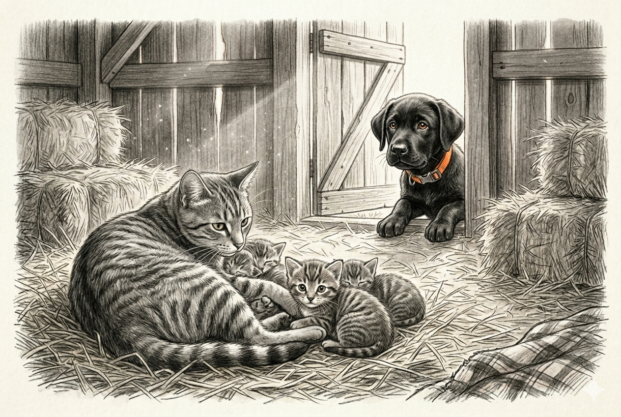 A tiny tabby kitten nestled with siblings in the warm East Texas barn hay loft, a black Lab puppy peeking curiously through the cracked barn door