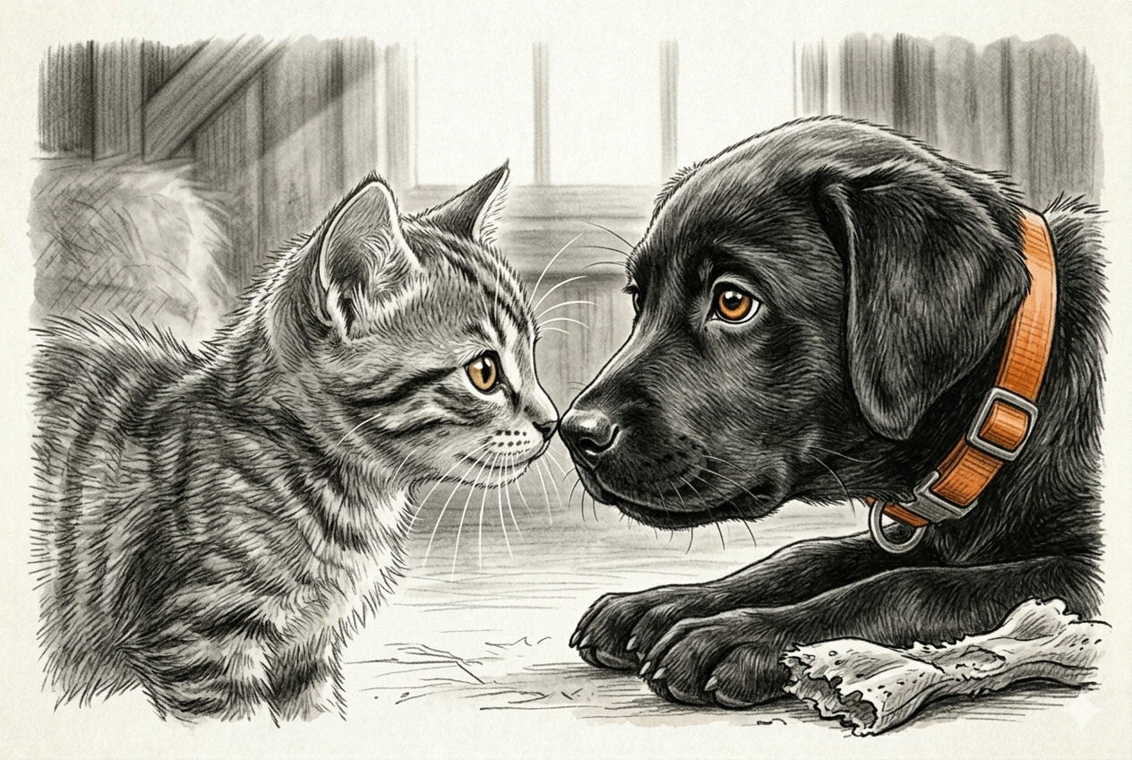 An extreme close-up of a tiny tabby kitten and a black Lab puppy face-to-face in the barn, their noses almost touching — the first moment of connection between Tiger and Gunner