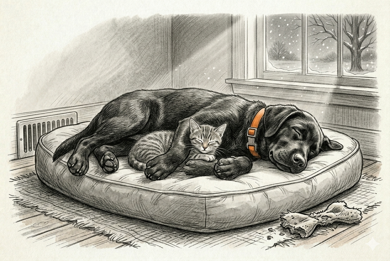 Tiger — a tiny tabby kitten — curled up asleep in the warm curve of Gunner's side on a cold East Texas night, choosing the spot he would claim for the rest of his life