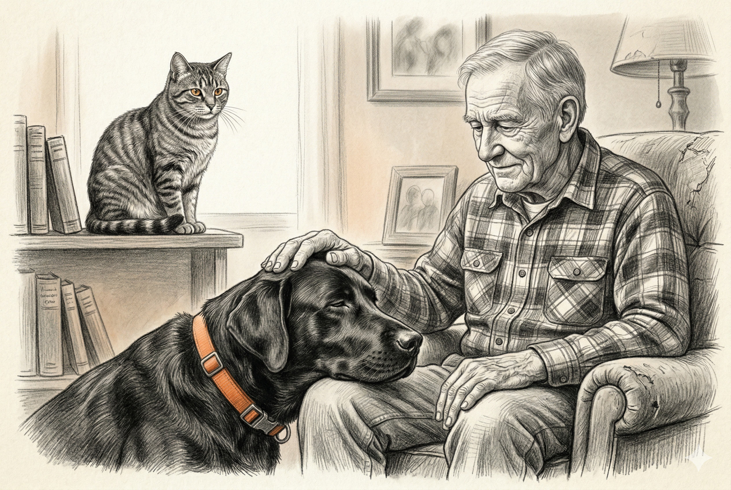 Grandpa sitting in his worn armchair, slowly petting Gunner's head as the big Lab rests against his knee — Tiger watches quietly from across the room