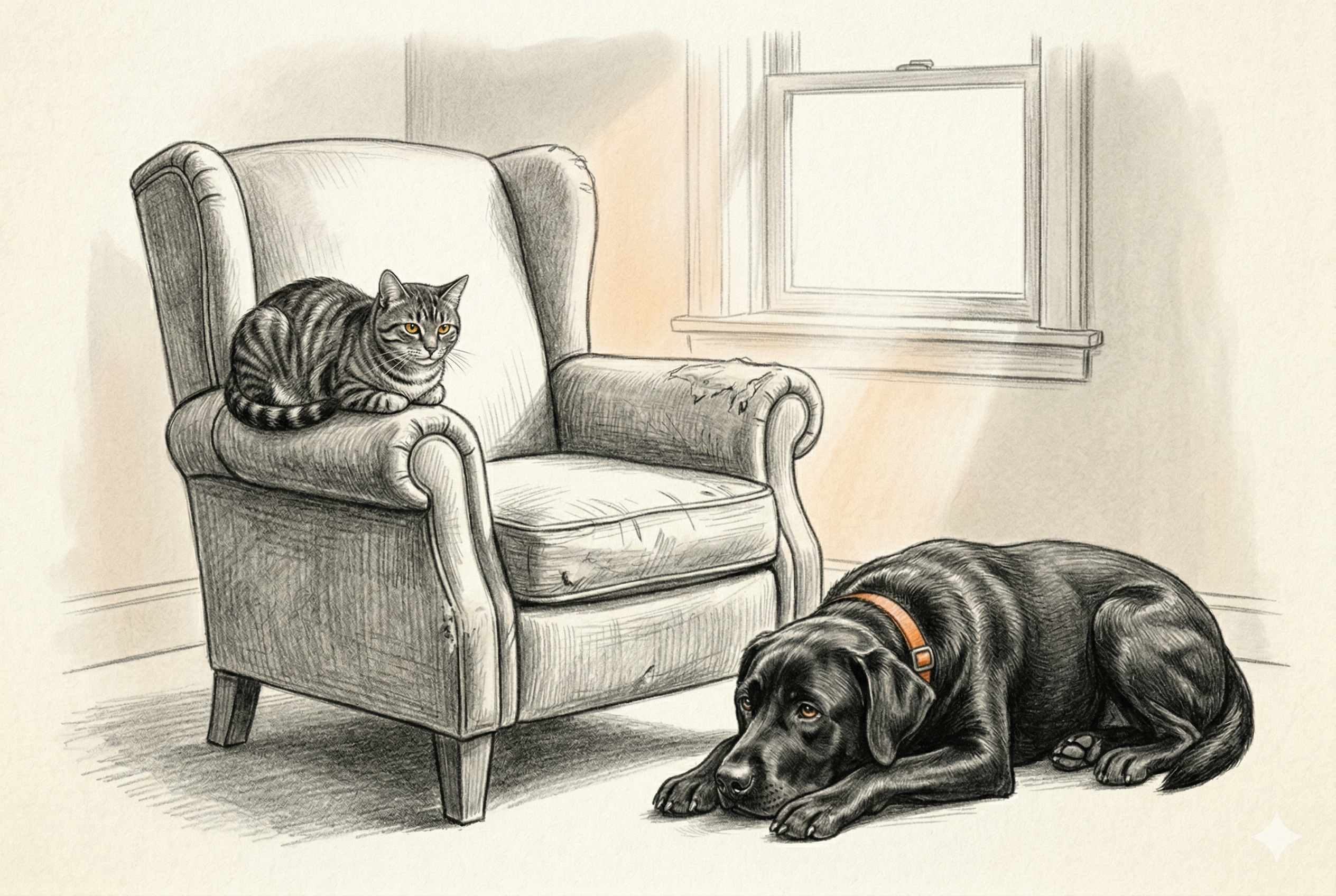 An empty worn armchair in a quiet room — Gunner lies beside it with his head on his paws, watching where someone used to sit, while Tiger curls up on the arm of the chair, also still