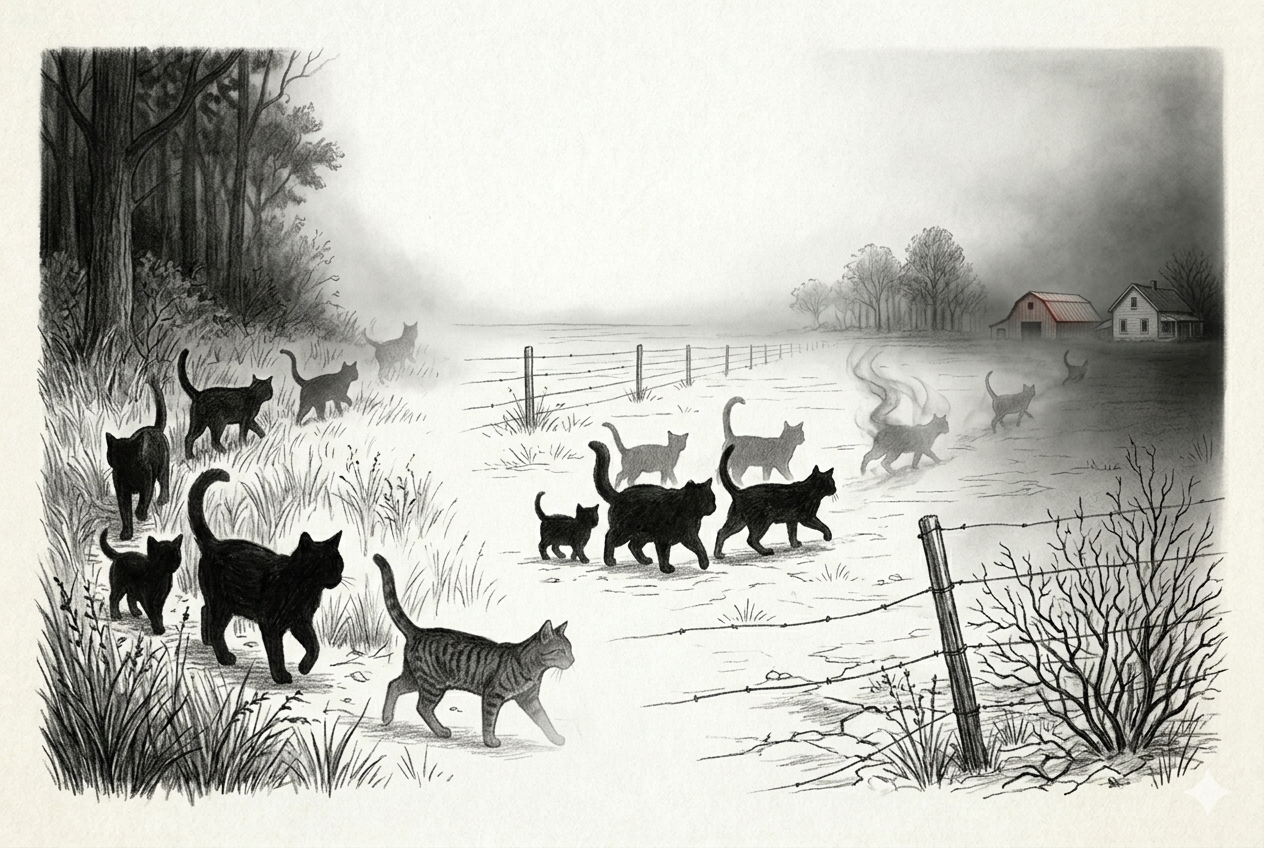 Silhouettes of cats walking away into darkness, into open fields, into the unknown — fading one by one into the vast, indifferent East Texas landscape