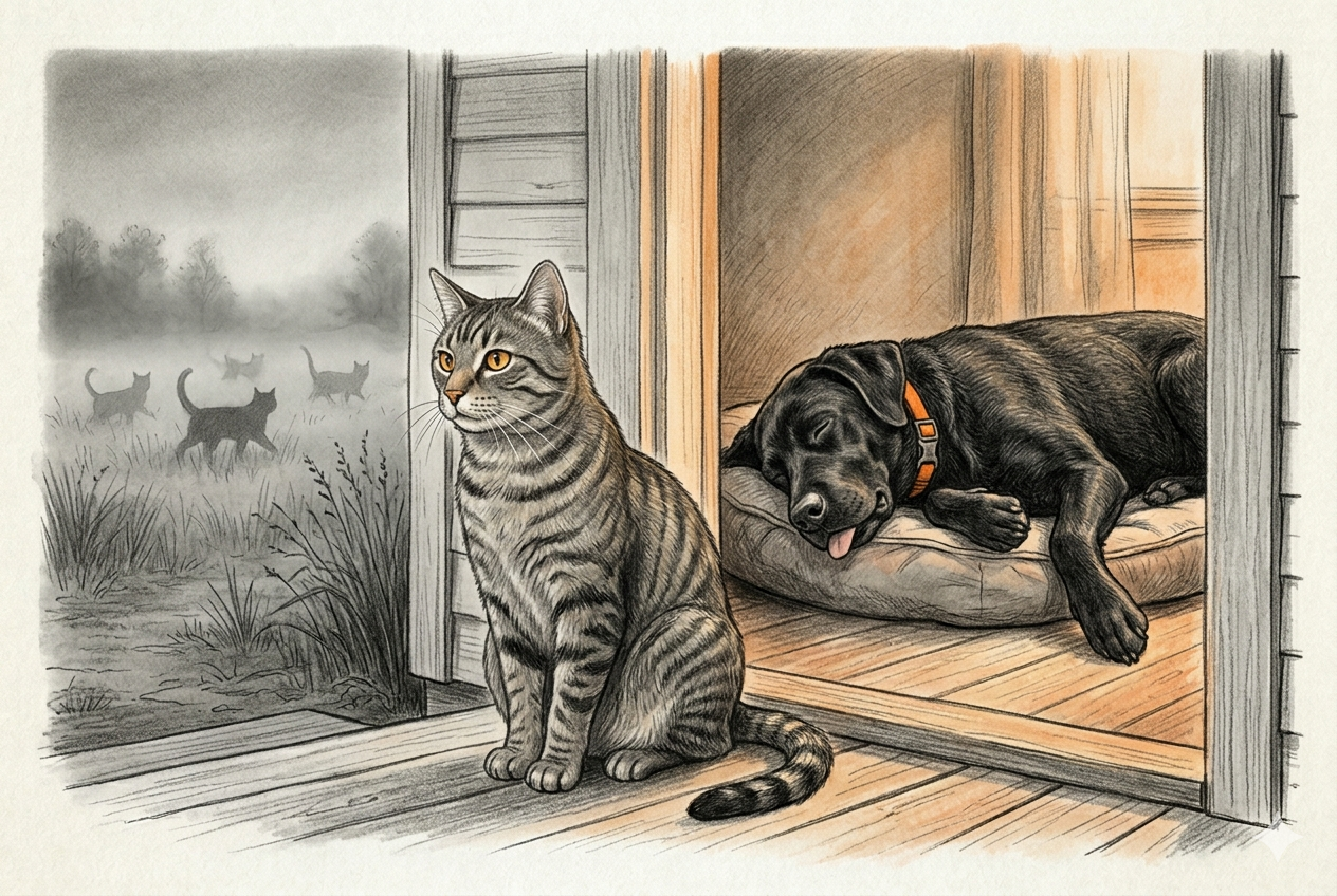 Tiger sitting in the farmhouse doorway, golden-amber eyes steady and certain, looking out at the dangerous world — behind him, Gunner sleeps sprawled on his bed, the reason Tiger stayed