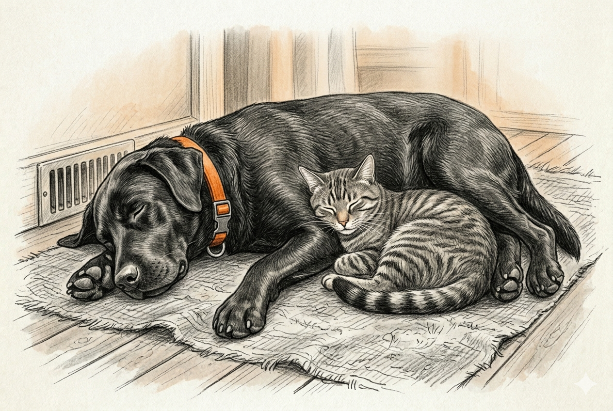 Tiger curled against Gunner's belly on a worn rug by the heater vent — the same spot he chose as a kitten years ago, and every night since — both asleep, both home