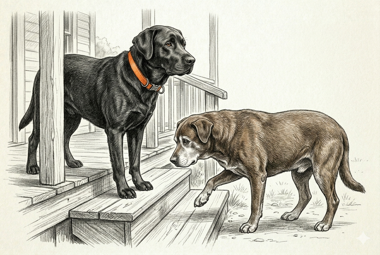 Gunner standing on the second porch step, looking back down at Bear who hesitates at the bottom — one paw raised but uncertain, hovering — while Gunner waits, completely still, completely patient