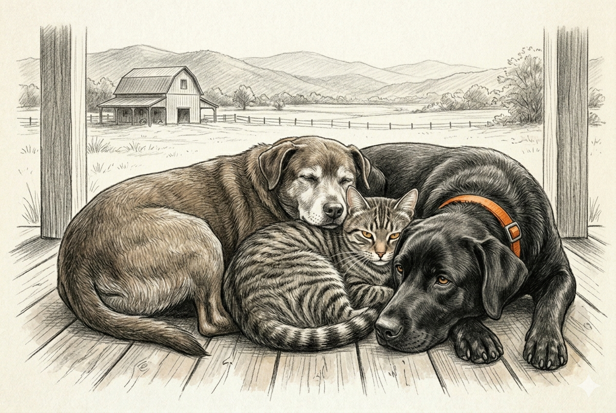 Bear lying peacefully on the porch with Gunner close on one side and Tiger curled against his back on the other — three animals, late afternoon golden light, the homestead stretching behind them