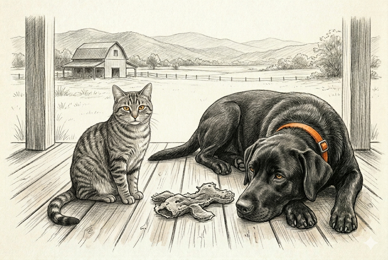 An empty spot on the farmhouse porch — a flattened old dog toy in the center, Gunner lying beside it watching where someone used to be, Tiger sitting in the empty spot itself, keeping it warm