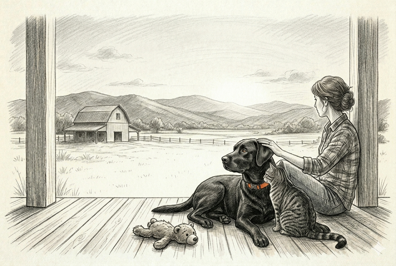 Mom sitting on the porch floor, hand resting on Gunner's head, Tiger pressed against the dog's side — all three looking out at a Virginia sunset, sharing the weight of something they can't say out loud